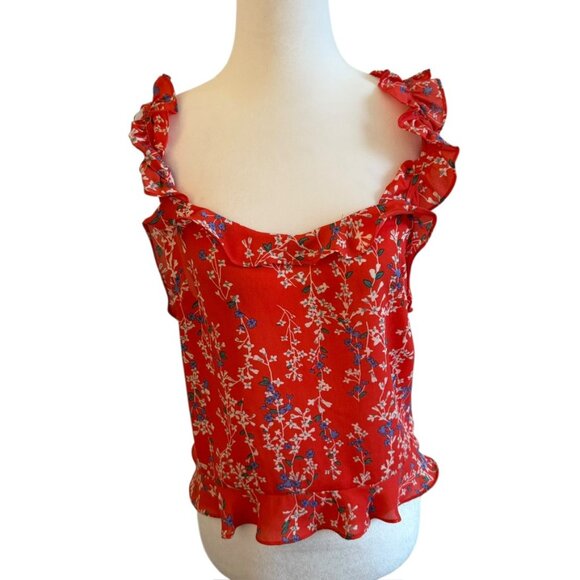 Caren Forbes Tops - Caren forbes red floral romantic ruffle L Tank top